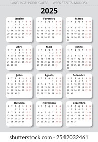 PORTUGUESE calendar for 2025 year. Printable vector illustration for Portugal