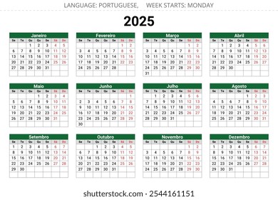 Calendário PORTUGUÊS para 2025 ano. Ilustrações vetoriais imprimíveis para Portugal