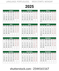 PORTUGUESE calendar for 2025 year. Printable vector illustrations for Portugal