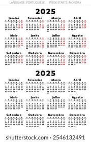 PORTUGUESE calendar for 2025 year. Printable vector illustration in dark colors for Portugal. 