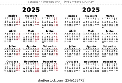 PORTUGUESE calendar for 2025 year. Printable vector illustration in dark colors for Portugal