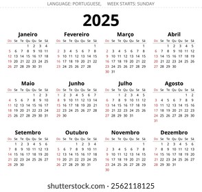 PORTUGUESE calendar for 2025 year. Printable vector illustration in for Portugal. Week starts sunday