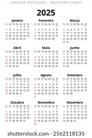 PORTUGUESE calendar for 2025 year. Printable vector illustration in for Portugal. Week starts sunday