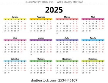 Calendario portugués para el año 2025. Ilustración vectorial en varios colores para Portugal