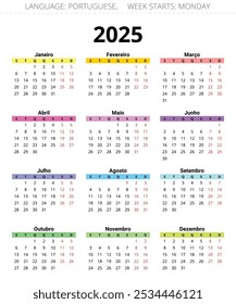 Calendario portugués para el año 2025. Ilustración vectorial en varios colores para Portugal