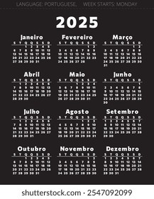 Calendario portugués para el año 2025. Ilustración vectorial con fondo negro para Portugal