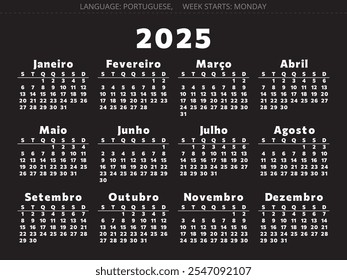 PORTUGUESE calendar for 2025 year. Vector illustration with black background for Portugal