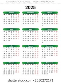 PORTUGUESE calendar for 2025 year. Vector illustrations for Portugal