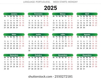 PORTUGUESE calendar for 2025 year. Vector illustrations for Portugal