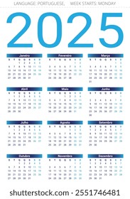 PORTUGUESE calendar for 2025 year. Vector illustration for Portugal. Vertical 