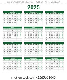 PORTUGUESE calendar for 2025 year. Vector illustrations for Portugal