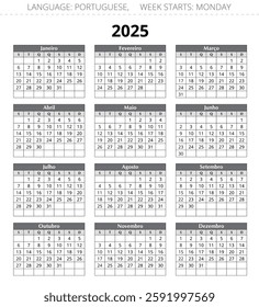 PORTUGUESE calendar for 2025 year. vector illustration for Portugal