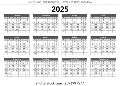 PORTUGUESE calendar for 2025 year. vector illustration for Portugal