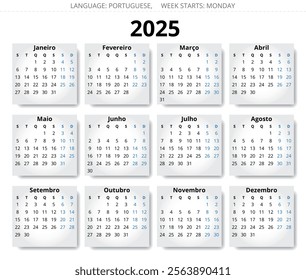 Portuguese calendar 2025 - yearly vector modern illustration of Portugal