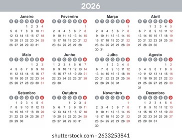 Portuguese Calendar 2026 Year mockup. Annual horizontal template with round days of the week. Modern design. Editable format. EPS10.