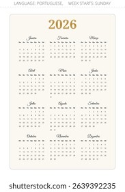 PORTUGUESE calendar for 2026 year. Vector illustration in for Portugal. Week starts sunday