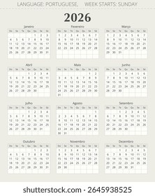 Calendário PORTUGUÊS para 2026 ano. Ilustração vetorial em para Portugal. A semana começa no domingo