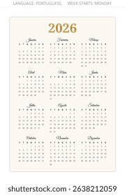 PORTUGUESE calendar for 2026 year. Vertical modern vector illustration for Portugal with 12 month in frame