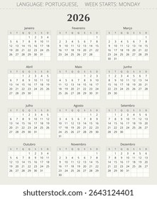 Calendário PORTUGUÊS para 2026 ano. Ilustração vetorial vertical moderna para Portugal