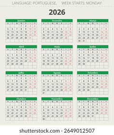 Calendário PORTUGUÊS para 2026 ano. Ilustração vetorial vertical para Portugal 