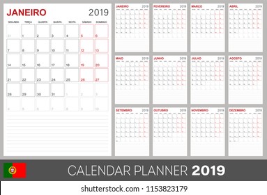 Portuguese calendar planner 2019, week starts on Monday, set of 12 months January - December, calendar template size A4, simple design on white background, set desk calendar template 2019