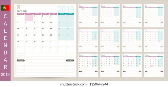 Portuguese calendar planner 2019, week starts on Monday, set of 12 months January - December, simple planning calendar template, set desk calendar template, vector illustration