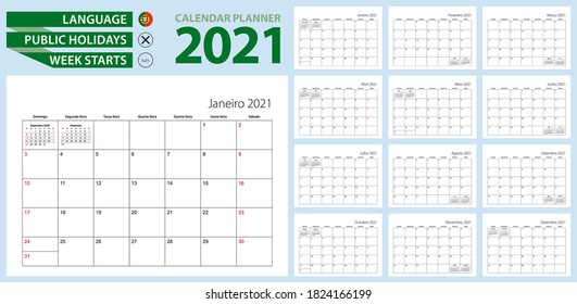 Portuguese calendar planner for 2021. Portuguese language, week starts from Sunday. Vector template.