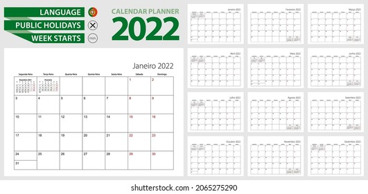 Portuguese calendar planner for 2022. Portuguese language, week starts from Monday. Vector calendar template for Brazil, Portugal, Angola, Mozambique and other