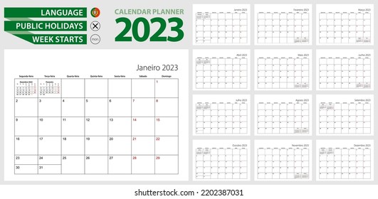 Planificador del calendario portugués para 2023. La semana empieza el lunes en portugués. Plantilla de calendario de vectores para Brasil, Portugal, Angola, Mozambique y otros