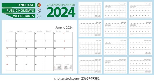 portugiesischer Kalender-Planer für 2024. Portugiesisch Sprache, die Woche beginnt am Sonntag. Vektorvorlage.