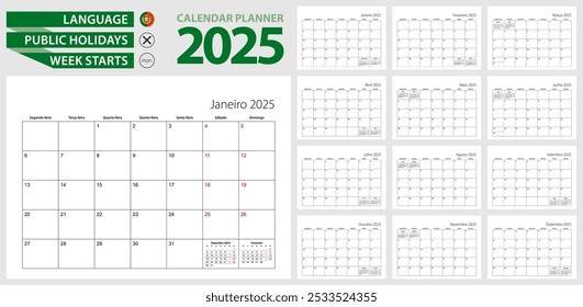 Calendario portugués para 2025. Portugués, la semana comienza a partir del lunes. Plantilla de calendario de Vector para Brasil, Portugal, Angola, Mozambique y otros