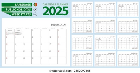 Calendario portugués para 2025. Idioma portugués, la semana comienza desde el domingo. Plantilla de Vector.