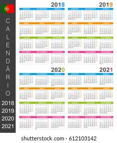 Portuguese calendar template for years 2018, 2019, 2020, 2021, week starts on Monday.