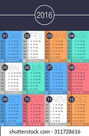 Portuguese calendar for year 2016, week starts on Monday, vector illustration
