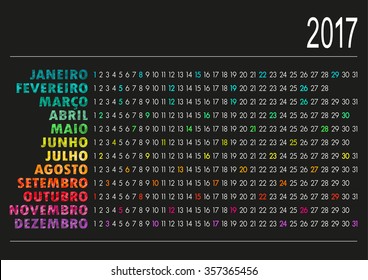Portuguese calendar for year 2017, vector illustration