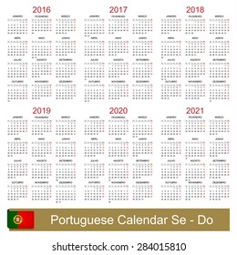 Portuguese calendar for years 2016-2021, week starts on Monday