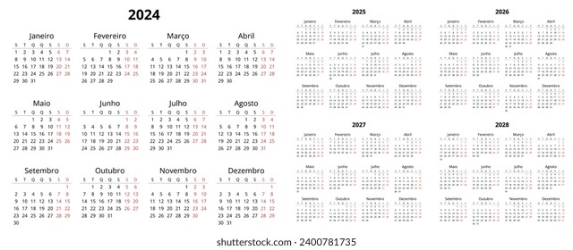 PORTUGUESE calendars 2024, 2025, 2026, 2027, 2028 years. Printable vector illustration set for Portugal. Plan your year with calendar style svg