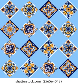 Padrão português de azulejos cerâmicos. Ornamento tradicional mediterrânico. Maijolica italiana ou espanhola.