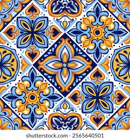 Padrão português de azulejos cerâmicos. Ornamento tradicional mediterrânico. Maijolica italiana ou espanhola.