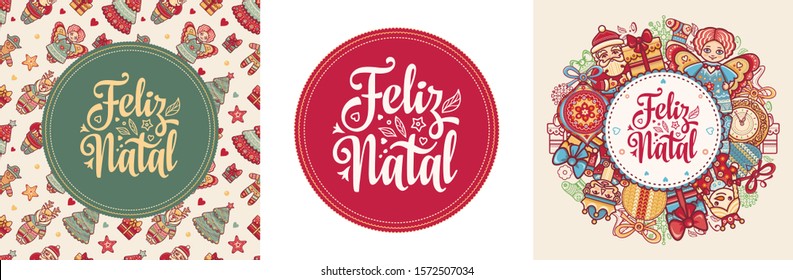 Portuguese Christmas Feliz Natal in Portugal retro letterpress poster. Portugal lettering. Merry Christmas in portuguese language Feliz Natal. Christmas on different language. Angel, Santa, xmas ball