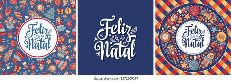 Portuguese Christmas Feliz Natal in Portugal retro letterpress poster. Portugal lettering. Merry Christmas in portuguese language Feliz Natal. Christmas on different language. Angel, Santa, xmas ball