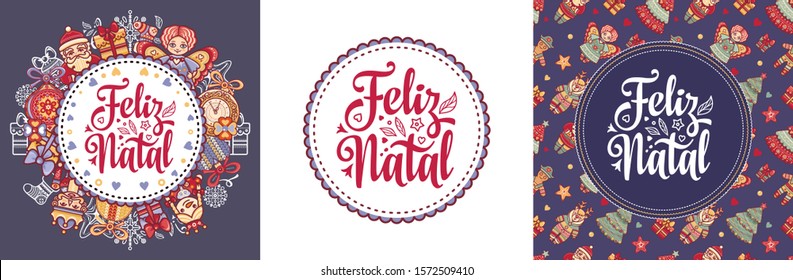 Portuguese Christmas Feliz Natal in Portugal retro letterpress poster. Portugal lettering. Merry Christmas in portuguese language Feliz Natal. Christmas on different language. Angel, Santa, xmas ball