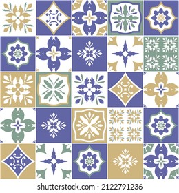 Portuguese color tiles azulejos. Abstract background. Vector hand drawn illustration, typical portuguese ceramic tiles. Seamless pattern.