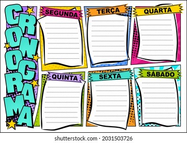 Portuguese Comic template of a school schedule for 6 days of the week. Cartoon Blank for a list of school subjects. Transaltion: Timetable, Monday, Tuesday, Wednesday, Thursday, Friday. Vector popart