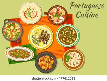 Portuguese cuisine cabbage and sausage soup caldo verde icon with fried sardine, bean stew, fish paella, baked eggplant with mushrooms, fish stew, pork with vegetables, cabbage soup with chorizzo