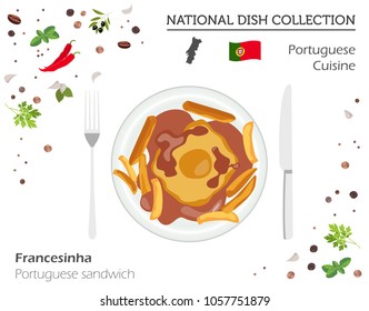 Portuguese Cuisine. European national dish collection. Portuguese sandwich isolated on white, infographic. Vector illustration