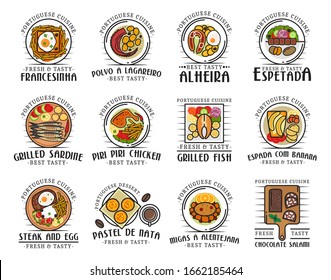 Portuguese cuisine food and traditional authentic meals, restaurant menu icons. Vector Portuguese francesinha, polvo a lagareiro and alheira, espetada and grilled sardine fish, piri chicken and espada