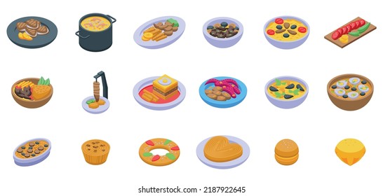 Portuguese cuisine icons set isometric vector. Stew fish. Cooking spicy