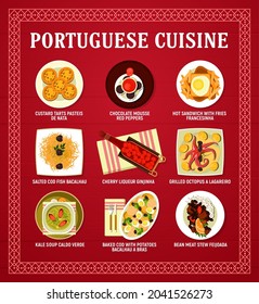 Portuguese cuisine menu vector card with meat, seafood and vegetable restaurant dishes. Cod fish bacalhau, bean stew feijoada and tart pasteis, soup caldo verde, chocolate mousse and fries sandwich