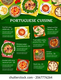 Portuguese cuisine restaurant dishes menu. Stew Caldeirada, salted cod Bacalhau and octopus salad, chicken with Piri Piri sauce, fried rabbit and sardines, duck rice vector. Portuguese meals poster